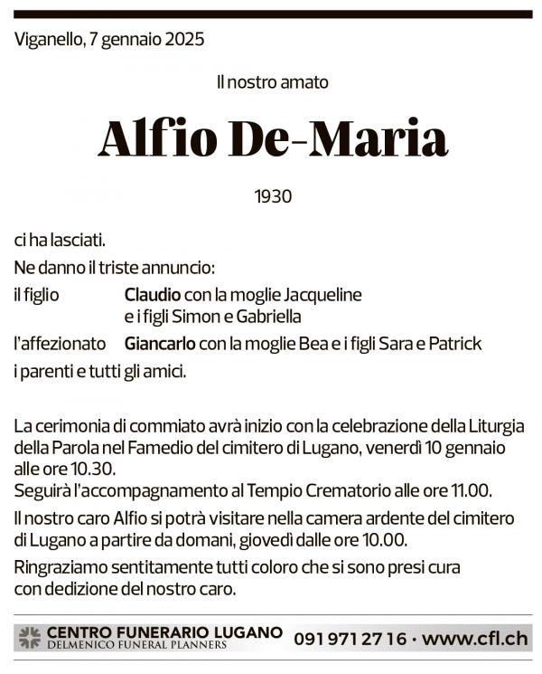 Annuncio funebre Alfio De-maria