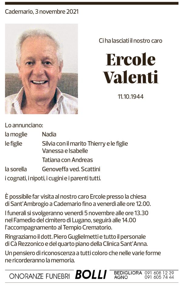 Annuncio funebre Ercole Valenti