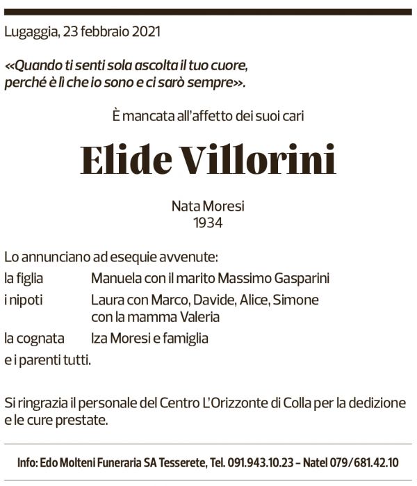 Annuncio funebre Elide Villorini