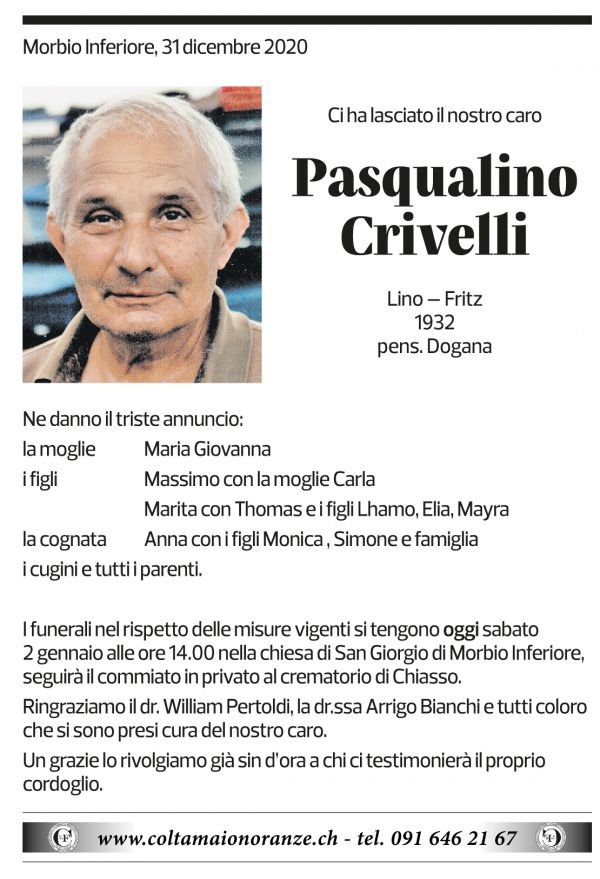 Annuncio funebre Pasqualino Crivelli