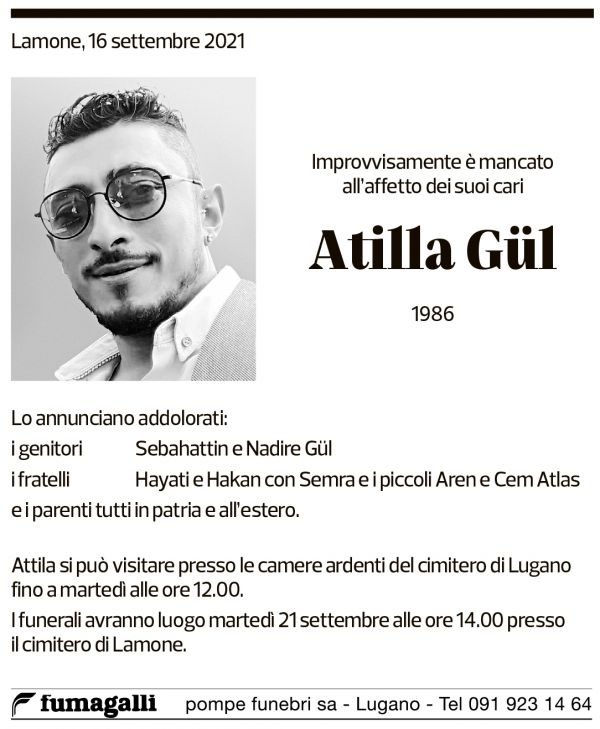 Annuncio funebre Atilla Gül