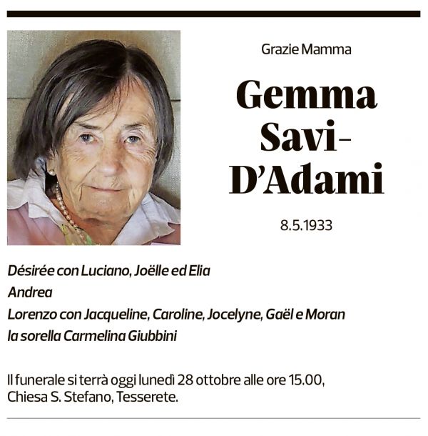 Annuncio funebre Gemma Savi-d'adami