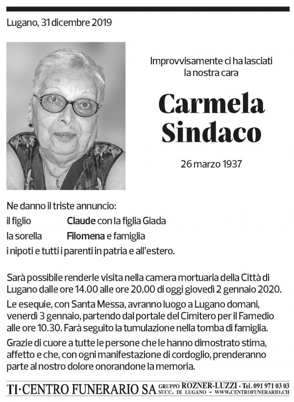 Annuncio funebre Carmela Sindaco