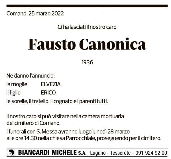 Annuncio funebre Fausto Canonica