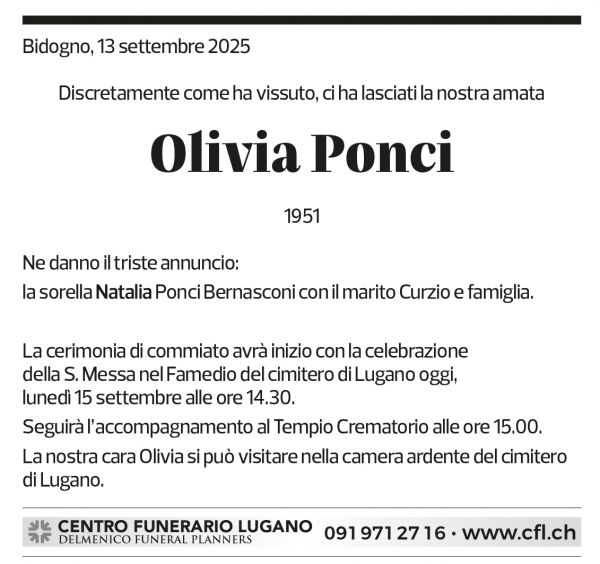 Annuncio funebre Olivia Ponci