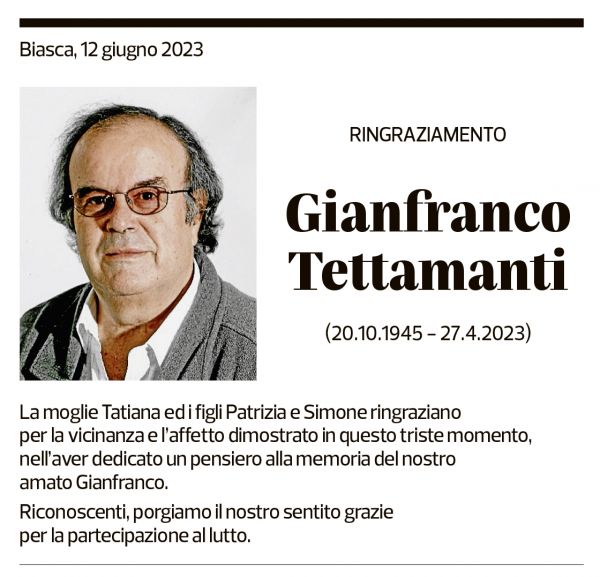 Annuncio funebre Gianfranco Tettamanti