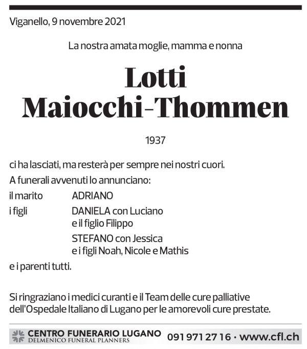 Annuncio funebre Lotti Maiocchi-thommen