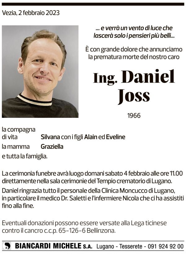 Annuncio funebre Daniel Joss