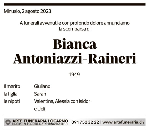 Annuncio funebre Bianca Antoniazzi-raineri