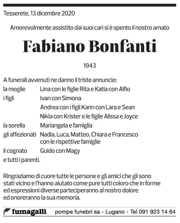 Annuncio funebre Fabiano Bonfanti