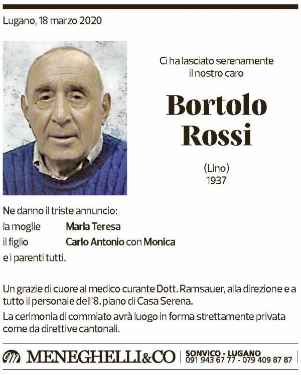 Annuncio funebre Bortolo Rossi