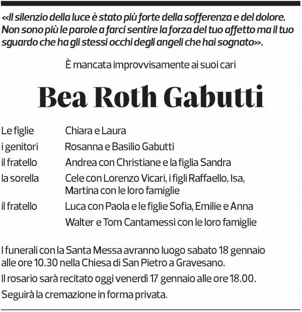 Annuncio funebre Bea Roth Gabutti