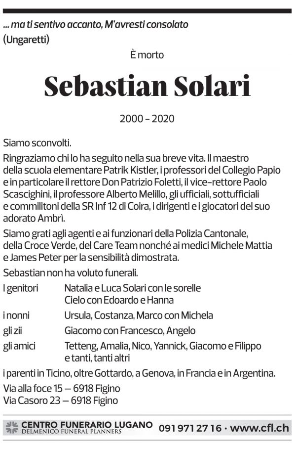 Annuncio funebre Sebastian Solari