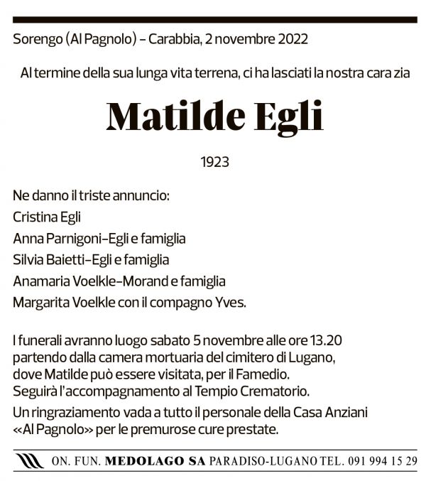 Annuncio funebre Matilde Egli