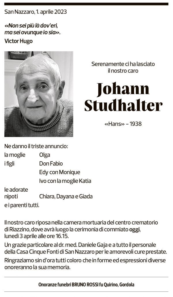 Annuncio funebre Johann Studhalter