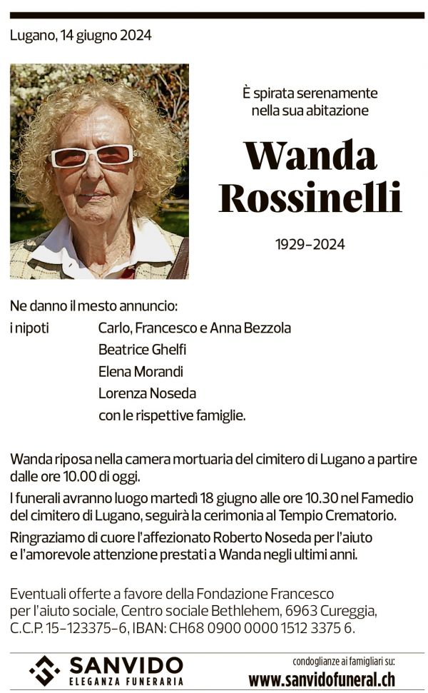 Annuncio funebre Wanda Rossinelli