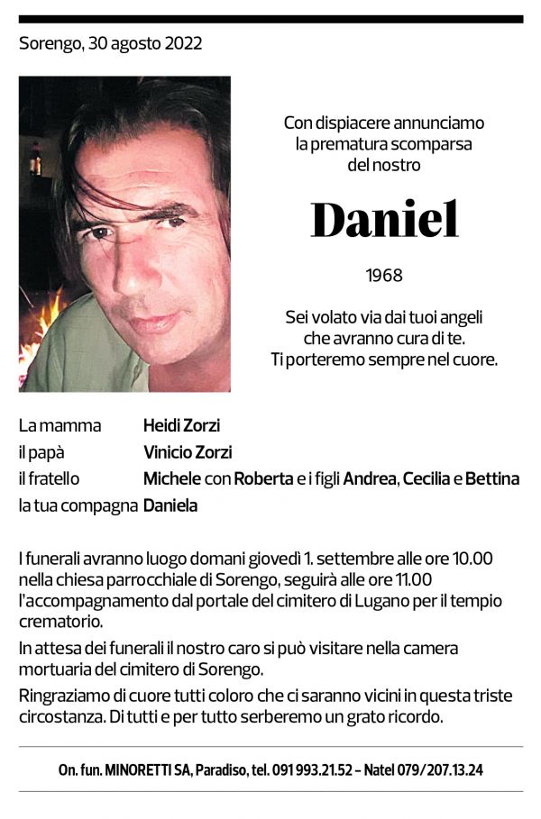 Annuncio funebre Daniel Zorzi