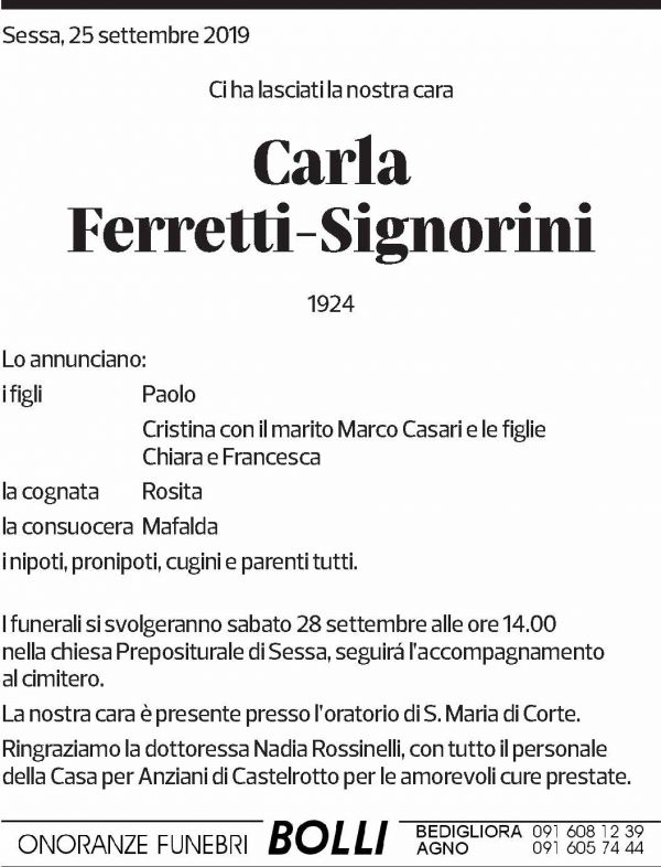 Annuncio funebre Carla Ferretti-signorini