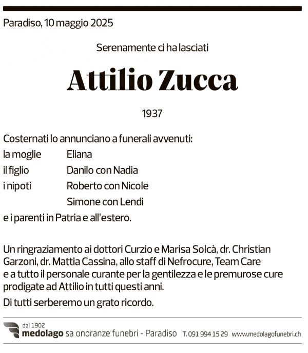 Annuncio funebre Attilio Zucca