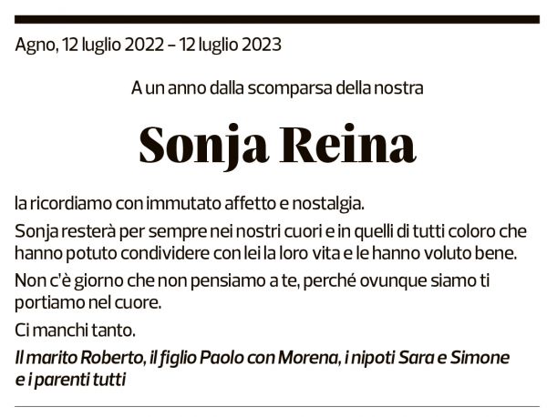 Annuncio funebre Sonja Reina