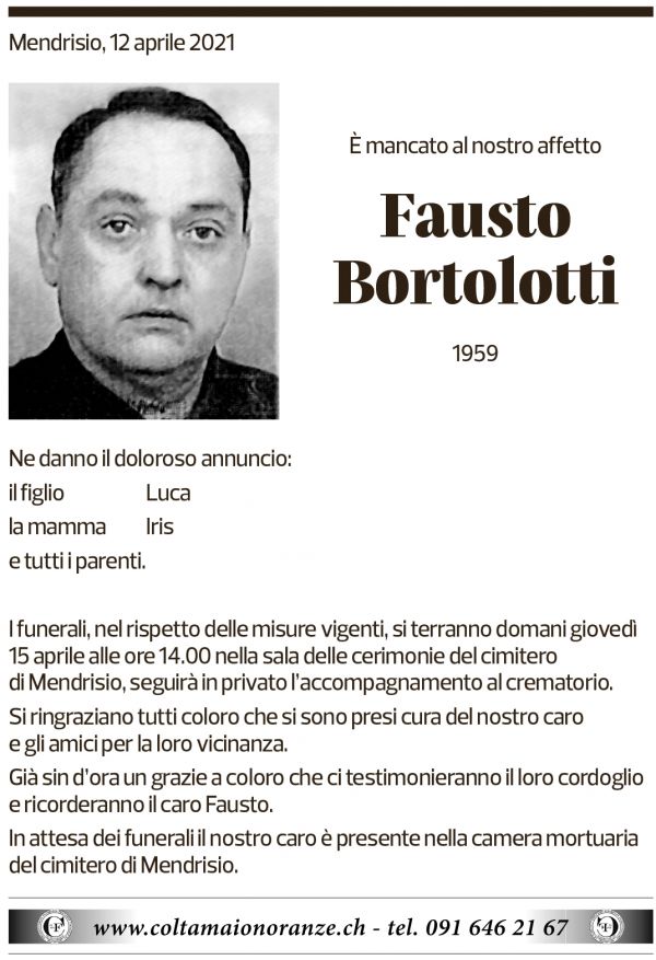 Annuncio funebre Fausto Bortolotti