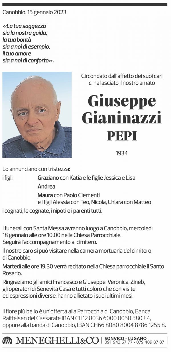 Annuncio funebre Giuseppe Pepi Gianinazzi