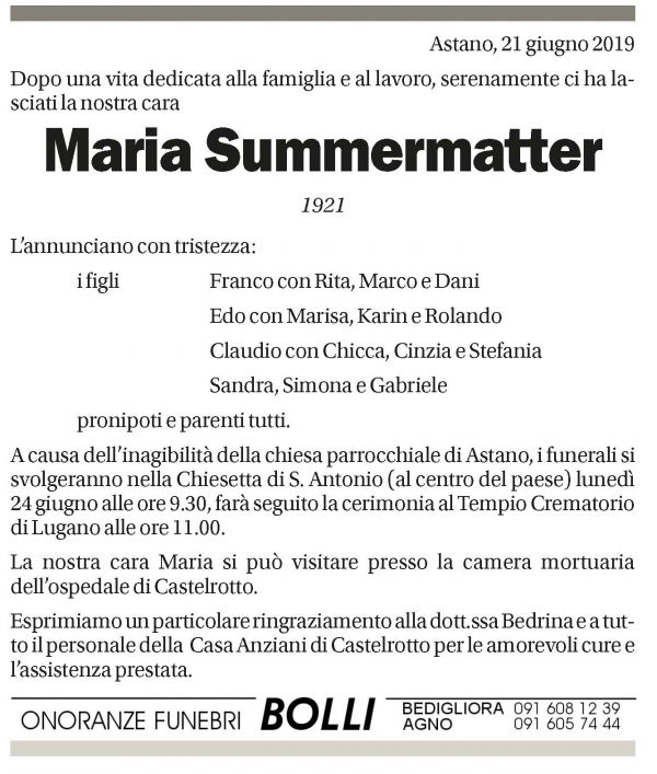 Annuncio funebre Maria Summermatter