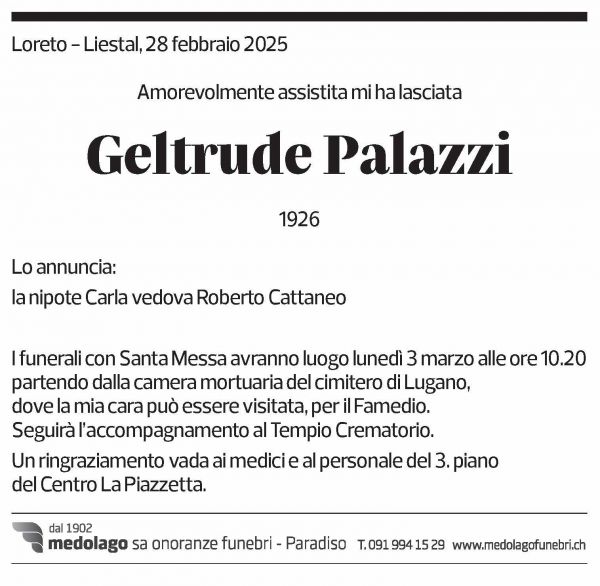 Annuncio funebre Geltrude Palazzi