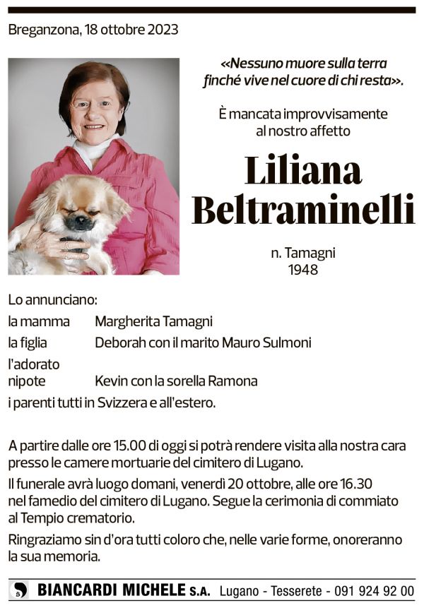 Annuncio funebre Liliana Beltraminelli