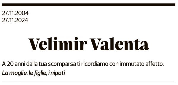 Annuncio funebre Velimir Valenta