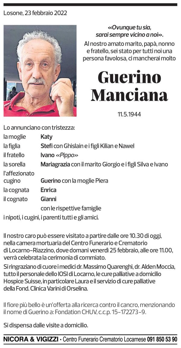 Annuncio funebre Guerino Manciana