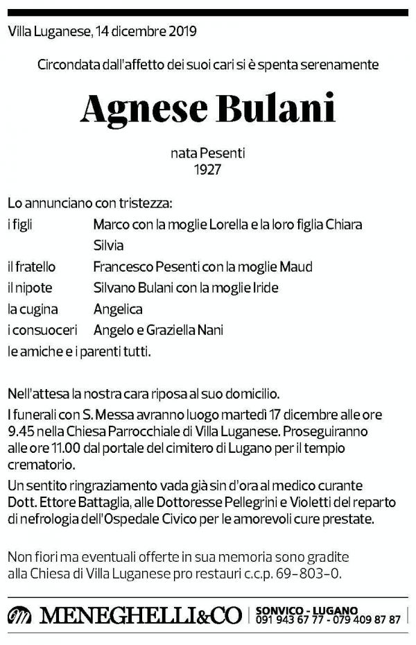 Annuncio funebre Agnese Bulani