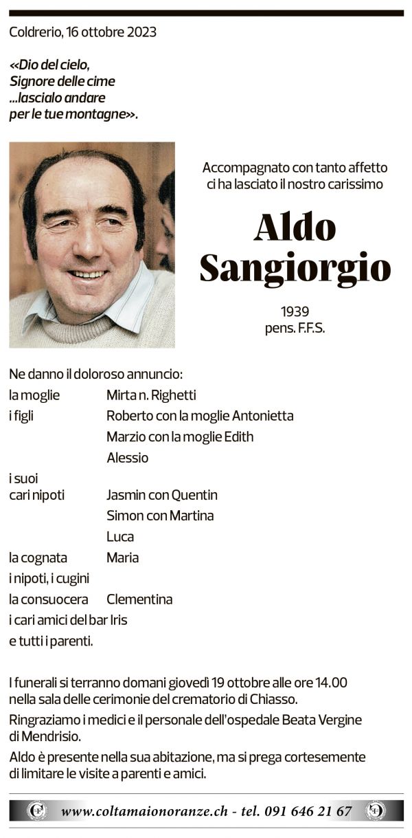 Annuncio funebre Aldo Sangiorgio