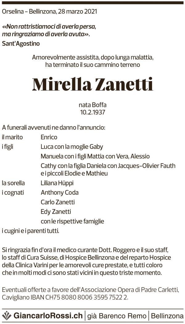 Annuncio funebre Mirella Zanetti