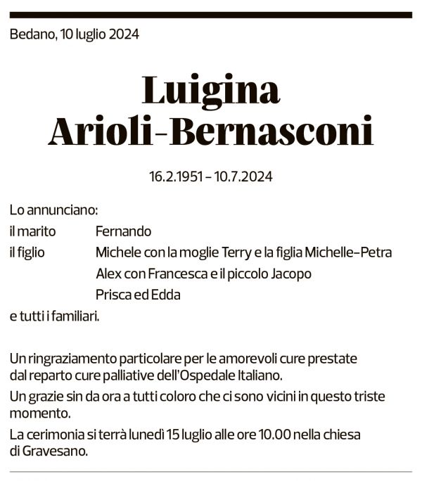 Annuncio funebre Luigina Arioli-bernasconi