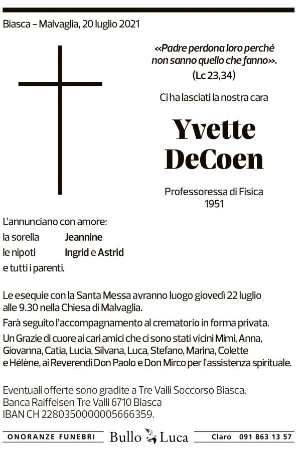 Annuncio funebre Yvette Decoen