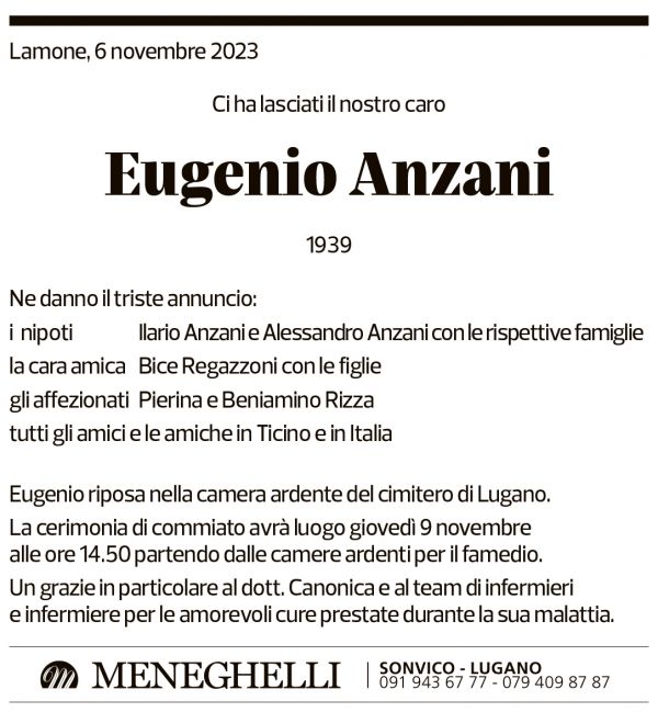 Annuncio funebre Eugenio Anzani