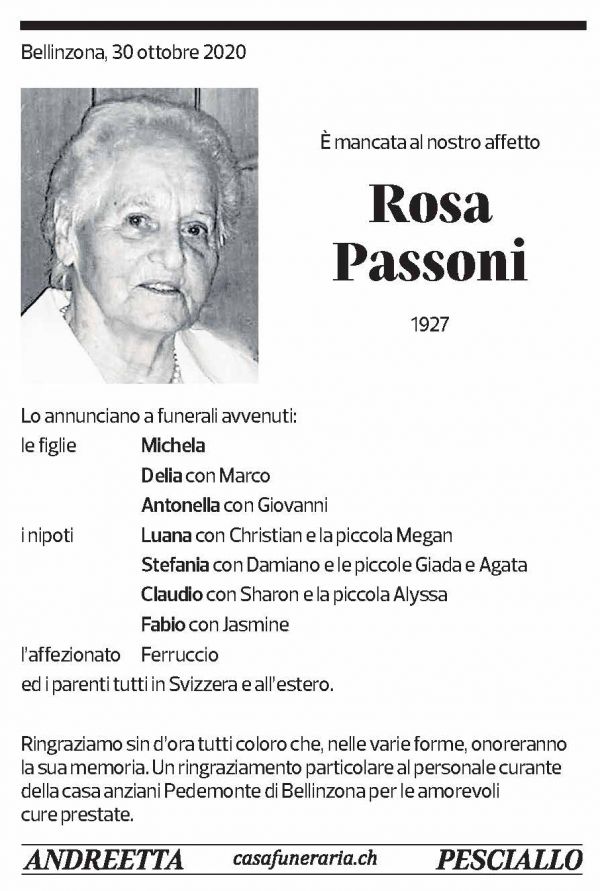 Annuncio funebre Rosa Passoni