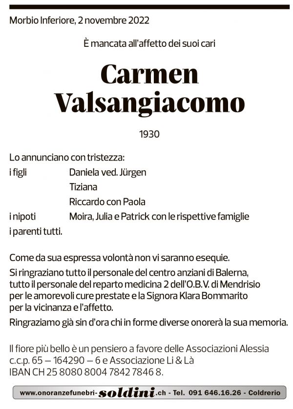 Annuncio funebre Carmen Valsangiacomo