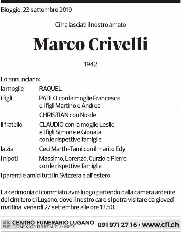 Annuncio funebre Marco Crivelli