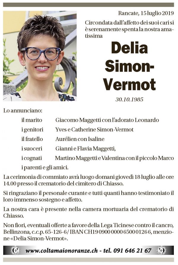 Annuncio funebre Delia Simon-vermot