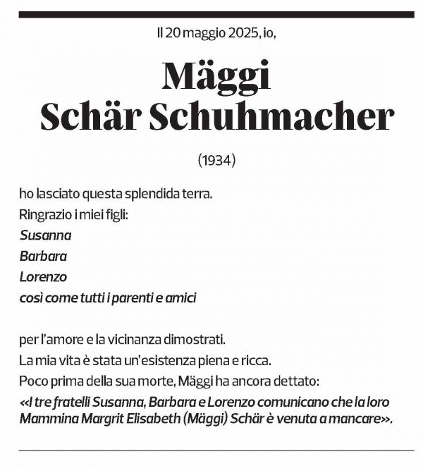 Annuncio funebre Mäggi Schär Schumacher