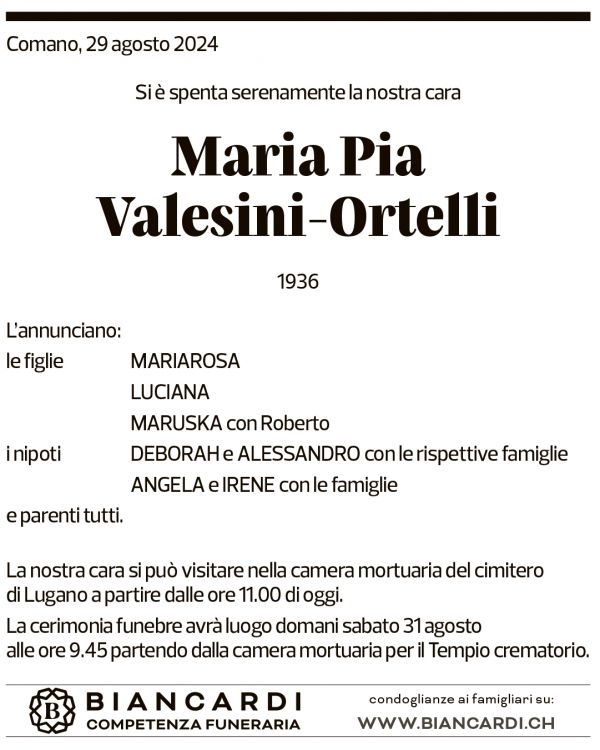 Annuncio funebre Maria Pia Valesini-ortelli