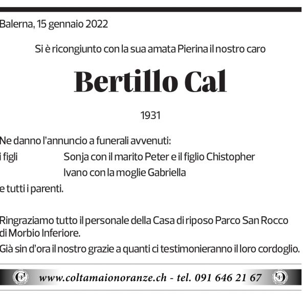 Annuncio funebre Bertillo Cal