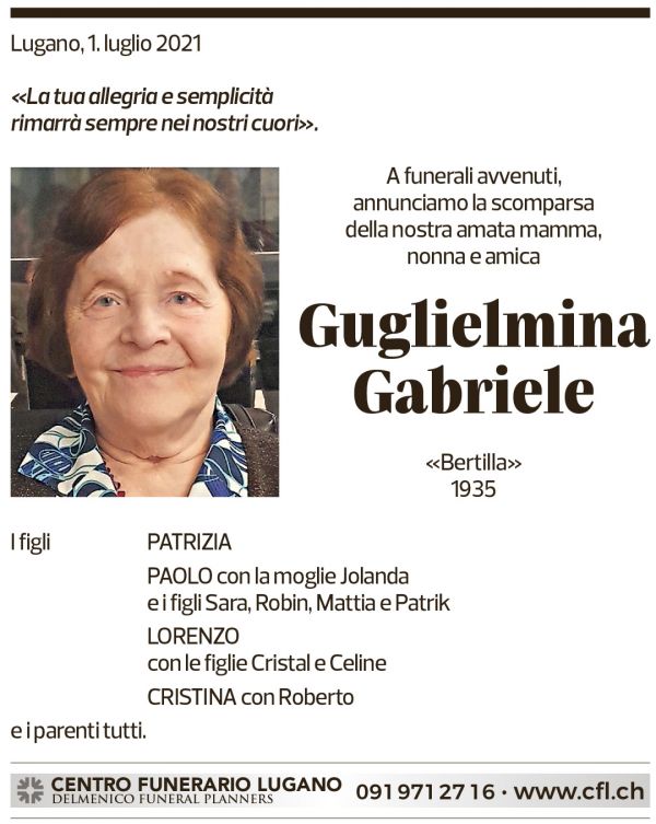 Annuncio funebre Guglielmina Gabriele