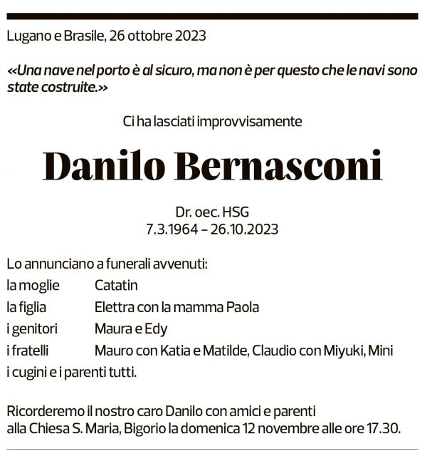 Annuncio funebre Danilo Bernasconi