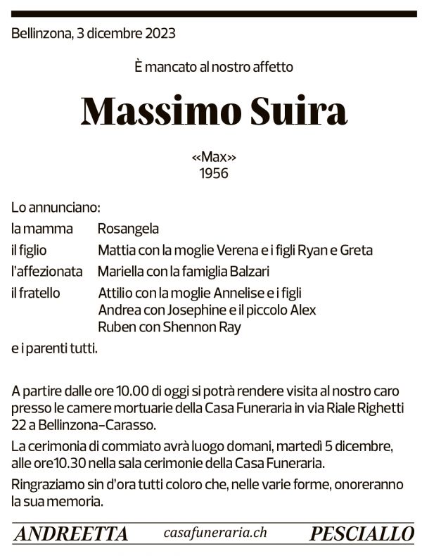 Annuncio funebre Massimo Suira