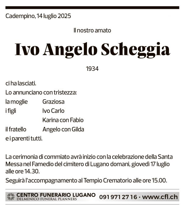 Annuncio funebre Ivo Angelo Scheggia