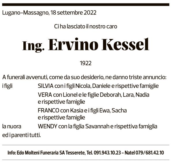 Annuncio funebre Ervino Kessel