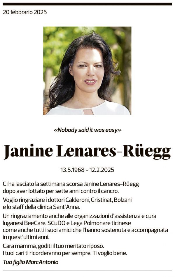 Annuncio funebre Janine Lenares-rüegg